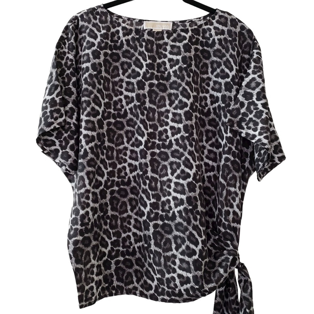 Michael Kors Animal Print Side Tie Top Blouse, Short Sleeve, Black & Brown, XS
